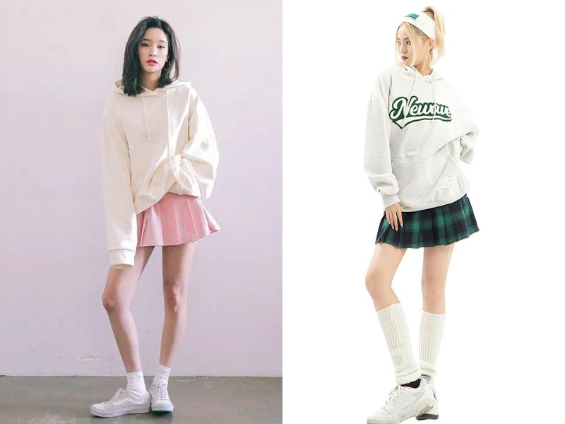 Chân váy xòe ngắn sinh ra là để dành cho áo hoodie (Nguồn: Shopee Blog)