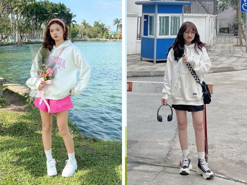 Áo Hoodie mặc với quần gì? Quần short vải chính là chân ái cho các nàng trong mùa hè (Nguồn: Instagram @thuythng_ / Instagram @tlcc_205)