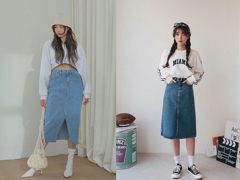 Áo sweater crop top hoặc form rộng đều có thể mặc cùng chân váy jean (Nguồn: LINN 2 HAND)