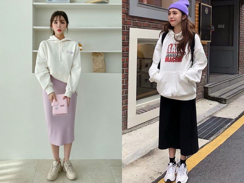 Chân váy dài kết hợp cùng áo hoodie (Nguồn: Shopee Blog)