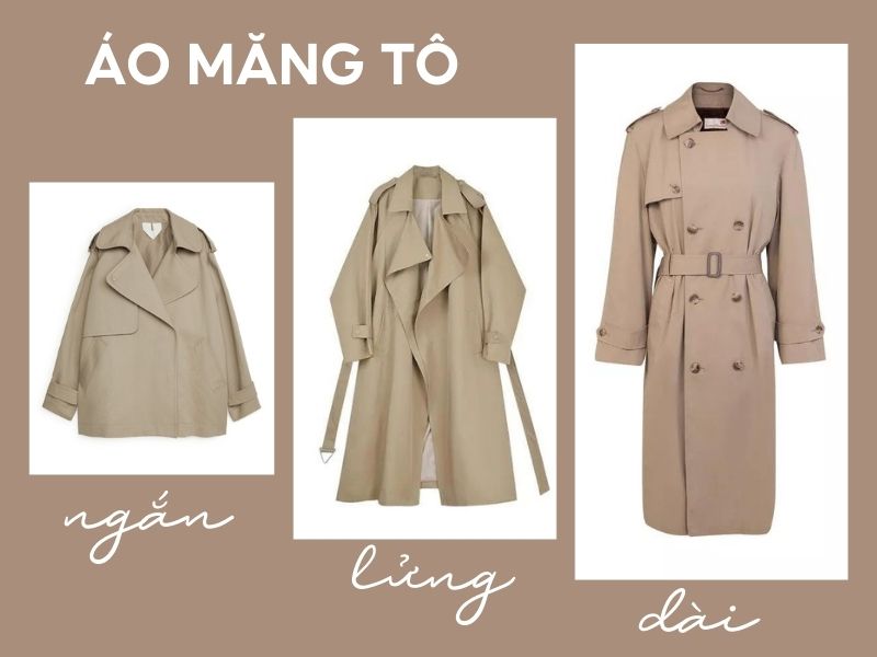 Áo măng tô có ba loại chính là áo ngắn, áo lửng và áo măng tô dáng dài (Nguồn: Shopee/ Arket/ Closet Bobags)