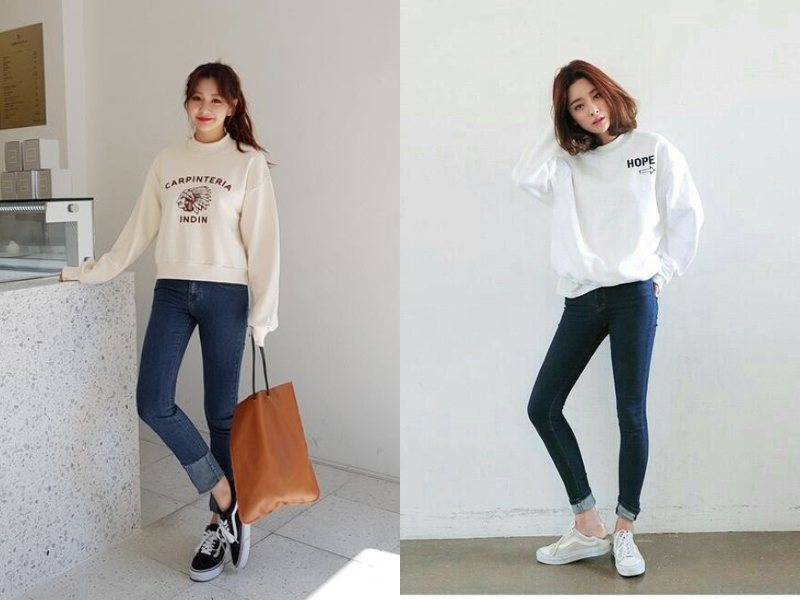 Phối áo hoodie không mũ với quần skinny jean đơn giản. (Nguồn: vietgiaitri.com)