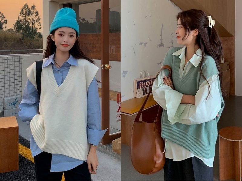 Phối sweater và áo sơ mi giúp bạn hack tuổi (Nguồn: Shopee.vn/ Đẹp 365)