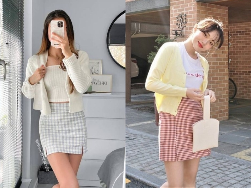 Chân váy caro phối với áo cardigan dáng ngắn