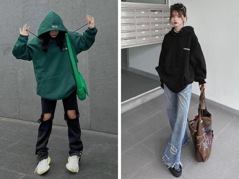 Một trong những cách phối đồ với áo hoodie nữ cá tính chính là mix cùng quần jean rách (Nguồn: Facebook Hades)